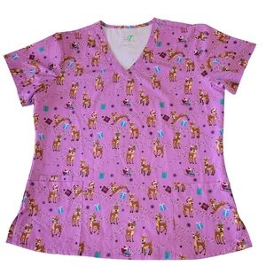 Green Town Whimsical Santa's Reindeer Party 3-Pocket Stretch V-Neck Scrub Top Lg